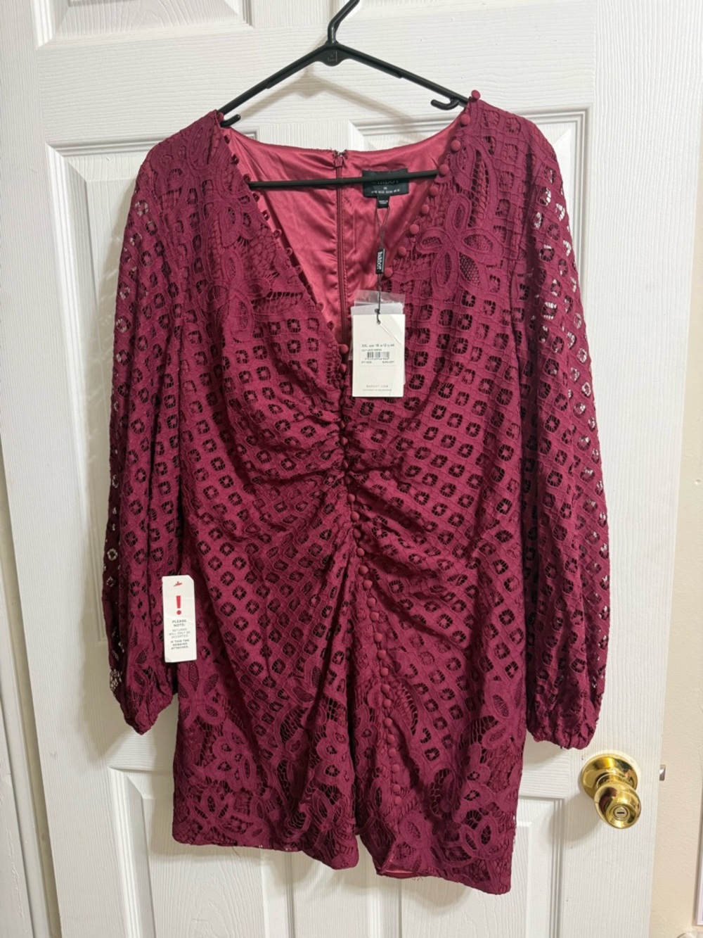 Bardot Burgundy Lace Ruched Long Sleeve Mini Dress